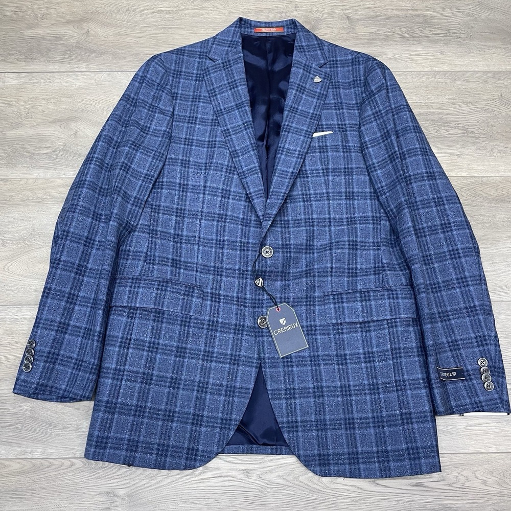 Cremieux Blue Plaid Sport Coat Men Sz 41L Cotton Linen Wool NEW - Picture 3 of 10